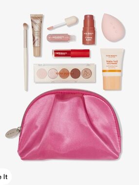 ULTA BEAUTY Pink Satin Cosmetic Pouch with Makeup Set